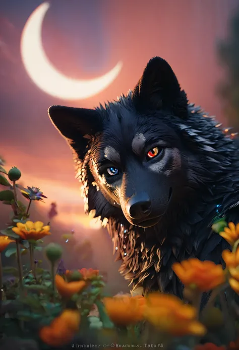 male alpha wolf in garden, black skin, red tattoo, waning moon tattoo on chest, ((heterochromia, blue left eye, red right eye)) dreamy background, kindness, unlimited light, magnificent sunset background, octane render, beautiful features, beautifully deta...