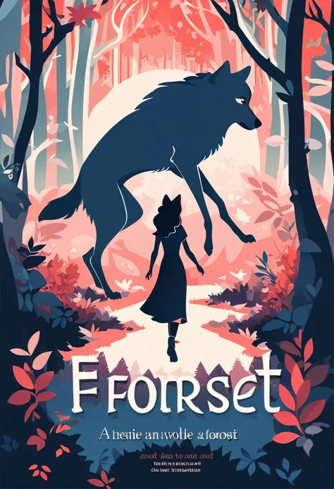 cover page, A girl and a wolf meet in the forest, flat Design, vector illustrations, graphic illustration, detailed 2d illustration, flat illustration, digital illustration, digital artwork,