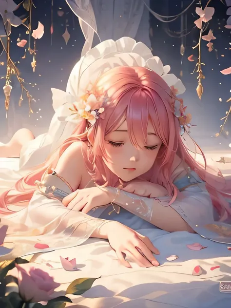 Soft lighting, Dreamy atmosphere, Great aesthetics, fantasy theme, Natural elements, Floral Background, Subtle details, Flowing pink hair, Unusual pose, Bright colors, Petals falling, Lying face down