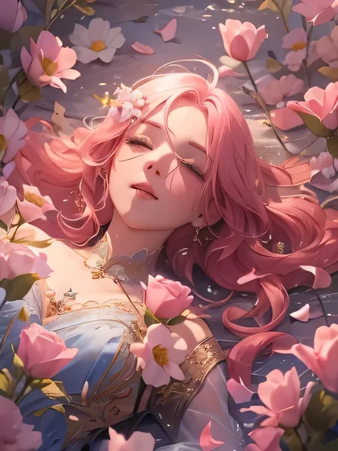 Soft lighting, Dreamy atmosphere, Great aesthetics, fantasy theme, Natural elements, Floral Background, Subtle details, Flowing pink hair, Unusual pose, Bright colors, Petals falling, Lying face down