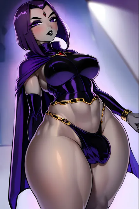 (solo:1.1),(masterpiece), (best quality:1.3), ultra detailed, intricate, professional art, digital art, absurdres, shadraven, (Full body view:1.1), 1girl, solo, (grey skin:1.4), dark purple hair, bob hair, purple eyes, hips wider than shoulders, pear shape...