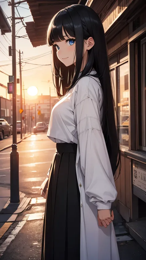 CG, unity, 8k, wallpaper, highest quality, masterpiece, A woman with a gentle impression, (smile: 1.1), (long black hair, trimmed bangs, Hairstyle called Hime cut: 1.5), BREAK, white skin, BREAK, deep blue eyes, BREAK, white sweater, BREAK, black long skir...