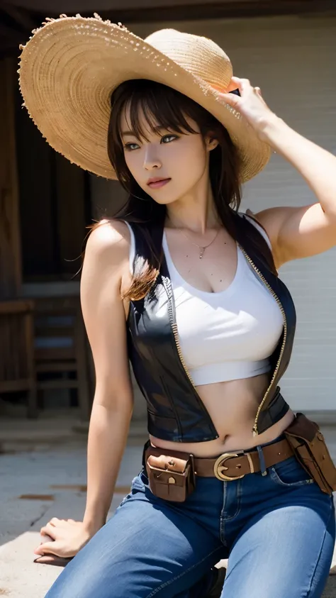 ((Perfect Anatomy)) ,Masterpiece,Ulzan 6500,(Realistic, photoRealistic),The story is set in the American frontier, where a beautiful 20-year-old woman in a cowboy hat looks great on her and is a skilled female sheriff who takes down the bad guys from the m...