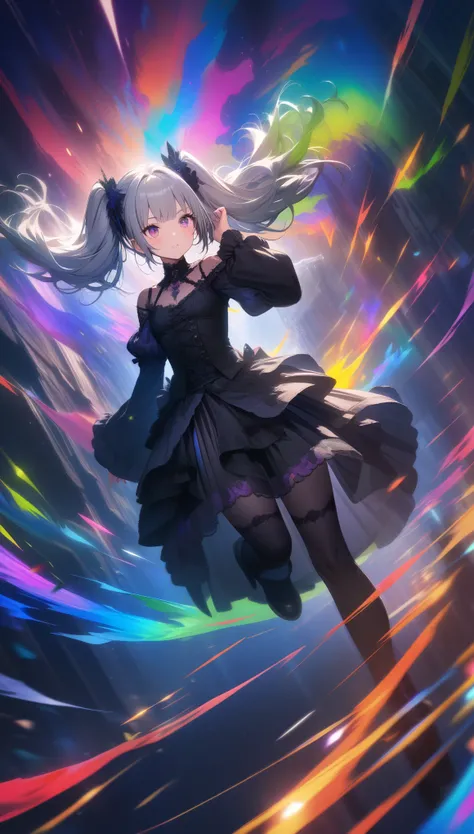 32k, best quality, ultra high res, HDR, UHD, extremely detailed CG, unity 32k wallpaper, (One girl),Gothic,Twin tails,Gray Hair, organza lace,Gorgeous and elaborate clothes,Gothic, flight, green, (colorful), Bold, Gradient Blend, Motion Blur, Sparkling Tex...