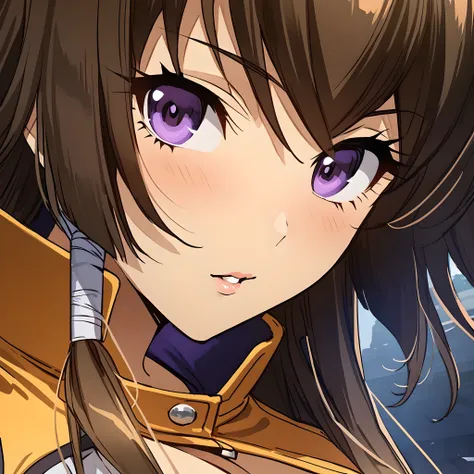 (masterpiece),(best quality),(ultra-detailed),(best illustration),(best shadow),(absurdres),(detailed background),(very aesthetic), 1girl, solo, takamura yui, brown hair, purple eyes, long hair, originaloutfit, portrait, luscious lips, large breasts