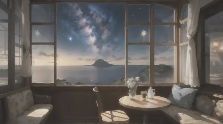 (highest quality: 1.5), (Super detailed: 1.5), (highest quality Photo: 1.5), Cafe,One Coffee,Outside the window, the sea as far as the eye can see, Starry Sky, Meteors, horizon, Pitch black sea, Midnight, Midnight, Milky Way, nebula, Particles of light, Ve...