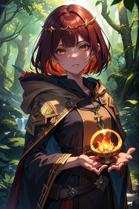  (extremely detailed CG unity 4k wallpaper),(masterpiece),(best quality),(ultra-detailed),(best illustration),(best shadow),(absurdres),(detailed background), Dark Fantasy forest setting, Shoulder length Dark Red hair (Bob cut), Amber eyes, priestess cloak...