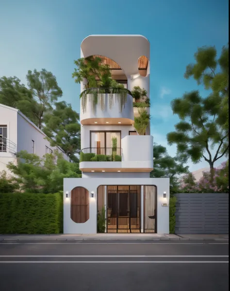 (Townhouse in city ,close houses and trees), daylight ( best quality) ((high solution)) ,(( photo realistic)) ,warm light, (sharp focont view of townhouse in style of modern,small house, Narrow area,VietNam,facade, curved arch,beautiful facade,curved windo...