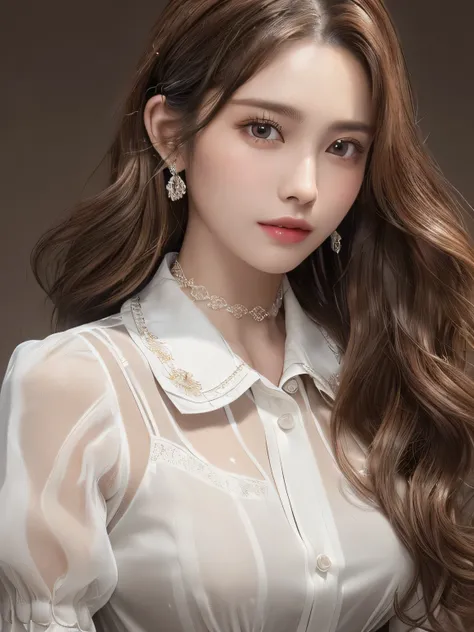 ((highest quality)),(超A high resolution),(Very detailed),(Detailed Description),((The best CG)),(masterpiece),super precision art, ((Loosely inward wavy hair:1.2)),((Extra long brown hair:1.2))、((wearing a white see-through dress shirt with an open collar:...