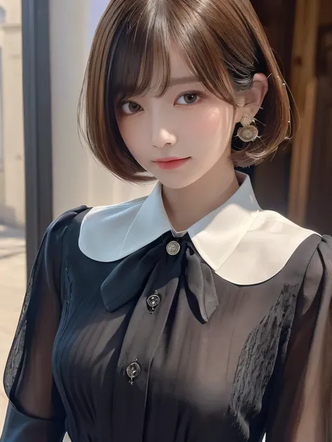 ((highest quality)),(超A high resolution),(Very detailed),(Detailed Description),((The best CG)),(masterpiece),super precision art, bob hair、 ((wearing an a collared blouse:1.3)), ((wearing Classy blouse:1.3))