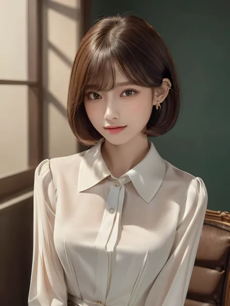 ((highest quality)),(超A high resolution),(Very detailed),(Detailed Description),((The best CG)),(masterpiece),super precision art, bob hair、 ((wearing an a collared blouse:1.3)), ((wearing Classy blouse:1.3))