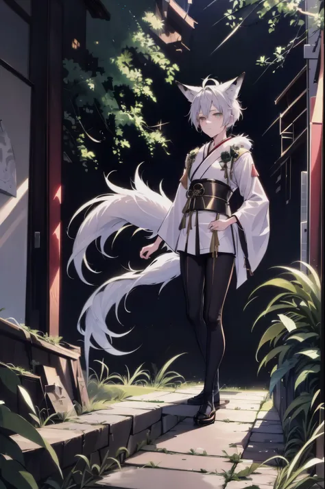 full body,toe,one boy, short white hair, turquoise eyes, fox ears, three fox tails, white fur, wearing japan traditional clothes...