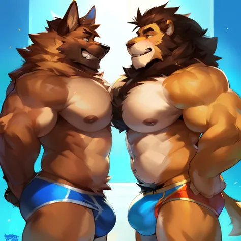 Duel, male, muscular, giant, staredown, enormous, buff, strong, massive biceps, massive pecs, canine, German Shepherd vs Lion, orange underwear vs blue underwear massive bulge, detailed bulge, bulge touch, growling by darkgem, by mystikfox61, by glitter tr...