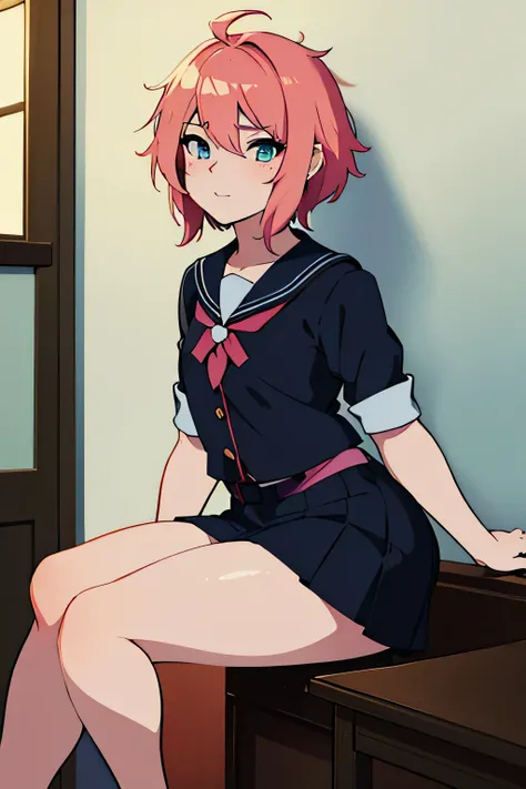 there is a cartoon picture of feminine boy with short pink hair, anime moe artstyle, 1 7 - year - old anime, in an anime style, demon femboy, flat anime style, cute, crossdresser, lewd body, curvy, school girl uniform, doing a sexy pose, small 