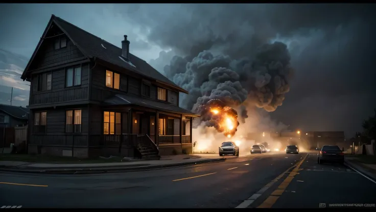 A house exploding in the middle of night from a far. Dramatic lightining. Work of ark. 4k. Masterpiece. 8k.