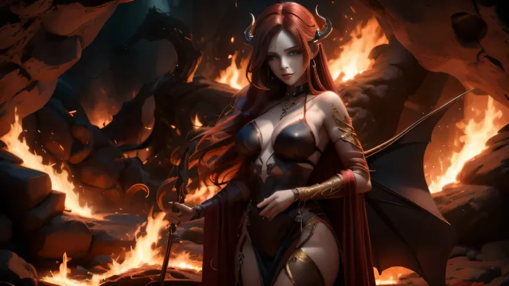 beautiful female  succubus demon with pink eyes and dark red hair, pink skin dark lipstic dressed in black and red transparent vail and gold jewellery with ruby, walk thru the burning lava cave surrounded by fire souls, ultra high quality anime art, realis...