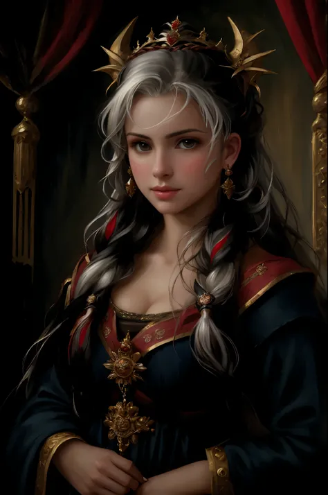 um close up de uma mulher usando uma coroa e um vestido preto, retrato da princesa, retrato de princesa, pintura de retrato de uma princesa, retrato de uma princesa, realistic Retrato renascentista, obra de arte! retrato de arwen, Retrato renascentista, pi...