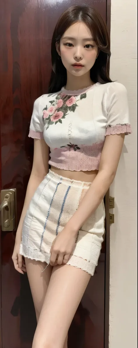 (1girl:1.3), solo, __body-parts__, Kim Ji-ni Jennie face, babes style, blouse short sleeves, knitted striped hip skirt, floral, 16k, resolution image,