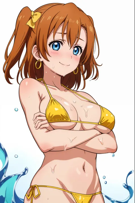 masterpiece, best quality,8k wallpaper, facing viewer, looking away,(one side up),blue eyes, upper body,kousaka honoka,wet hair,shiny water drops, breasts , (yellow micro bikini:1.2), white background, solo, earrings , blushing , crossed arms, embarrassed,...