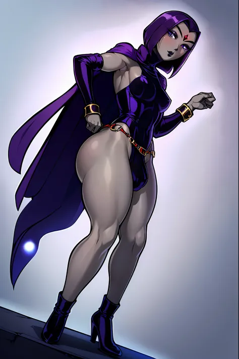 (solo:1.1),(masterpiece), (best quality:1.3), ultra detailed, intricate, professional art, digital art, absurdres, shadraven, (Full body view:1.1), 1girl, solo, (grey skin:1.4), dark purple hair, bob hair, purple eyes, hips wider than shoulders, pear shape...