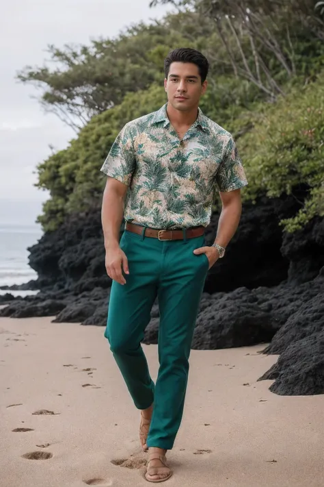 8k uhd, dslr, high quality , RAW photo, Realistic Photography , Full Body, Fujifilm XT3, Canon R5, Handsome Men , beach , Hawaiian shirt and loose green pants