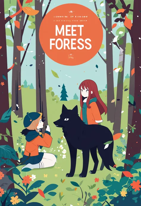 cover page, A girl and a wolf meet in the forest, flat Design, vector illustrations, graphic illustration, detailed 2d illustration, flat illustration, digital illustration, digital artwork,