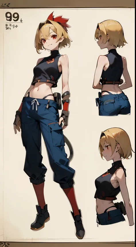 top-quality、Top image quality、​masterpiece、girl with((18year old、Blue navel tank top、Military pants、Best Bust、Bust 90、Blonde loin tail、Red Eyes、open chest wide、Valley、Happiness、A slender、ssmile、Black bandana、Survival knife、Survival Suit)）hiquality、Beautifu...