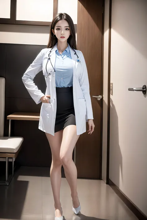 Realistic beautiful doctor、Stunningly beautiful、doctor white coat, Collared shirt、(Top quality、8K、32K、masterpiece、North African Trade Zone:1.3)、Ultra-high resolution,(Reality:1.4),Original Photography, Detailed face,,Beautiful hair, ((Doctor style)),,((Leg...