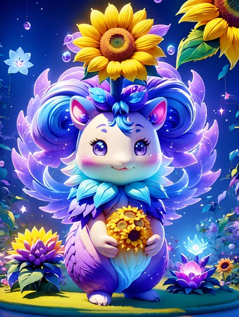 chalk color style，(glowing magical cute sunflower，the stamen is a cute little face)，8k，rainbow colors，kawaii，cute big breasts，di...