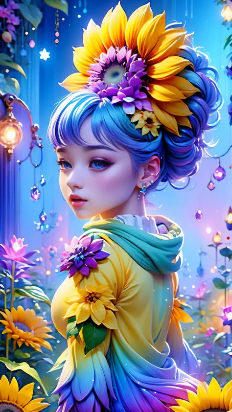 chalk color style，(glowing magical cute sunflower，the stamen is a cute little face)，8k，rainbow colors，kawaii，cute big breasts，di...