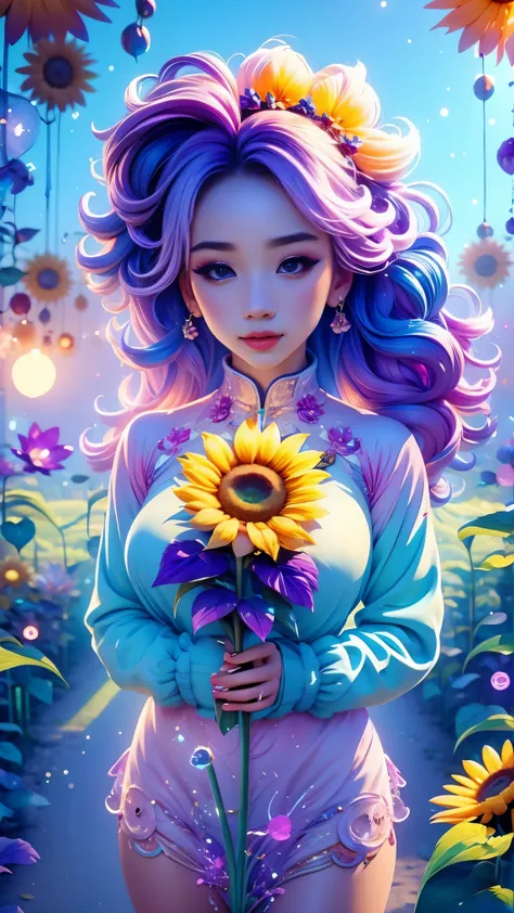 chalk color style，(glowing magical cute sunflower，the stamen is a cute little face)，8k，rainbow colors，kawaii，cute big breasts，di...