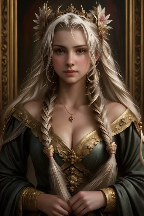 um close up de uma mulher usando uma coroa e um vestido preto, retrato da princesa, retrato de princesa, pintura de retrato de uma princesa, retrato de uma princesa, realistic Retrato renascentista, obra de arte! retrato de arwen, Retrato renascentista, pi...