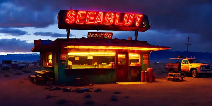 diy27，in a post-apocalyptic wasteland, text  "seaart sd3.0" emerges as a grim beacon of survival. a dilapidated burger joint, su...