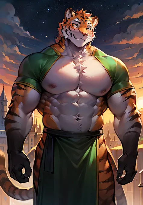 solo male, muscular body, thin, lithe, thin waist, thin shoulders, young (massive pecs, bulging pecs, saggy pecs, round pecs, huge pecs), tiger knight, standing under the stars, fantasy background with castle in the distance, facing viewer, head tilted to ...