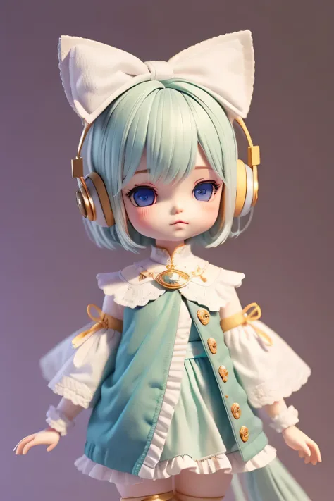 A cute BJD doll，Full body composition，short detailed hair，Two-headed body，Wearing wing headphones，Has a fluffy cats tail，A bow is tied around the tail，Authentic cloth texture，Real strands of hair