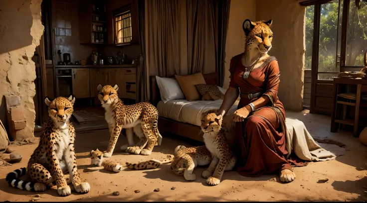 an anthro cheetah mother dressed in an African dress carrying 2 sleeping cubs in a house, masterpiece, best, photo realistic