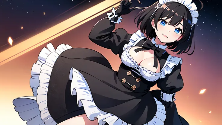 Watching the audience, One girl, Open your mouth, smile, Virtual YouTuber、With a girl、((highest quality, expensive_solve, Clear_image)),(Black Hair), (Black cat ears), (Ahoge), (((Ridiculously short hair))), (Wavy Hair), (blue eyes)、Very large breasts,Dres...