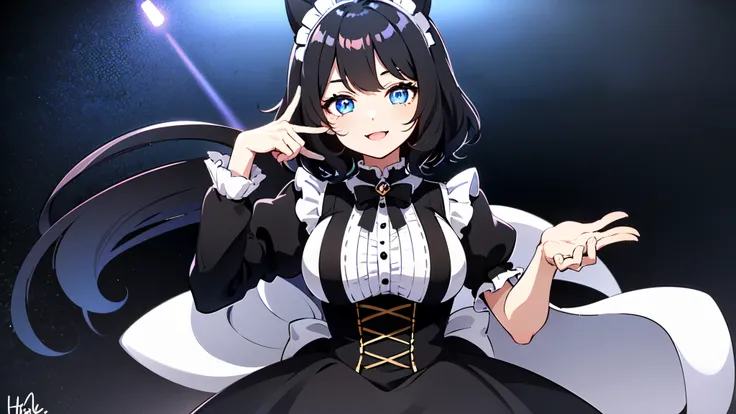 Watching the audience, One girl, Open your mouth, smile, Virtual YouTuber、With a girl、((highest quality, expensive_solve, Clear_image)),(Black Hair), (Black cat ears), (Ahoge), (((Ridiculously short hair))), (Wavy Hair), (blue eyes)、Very large breasts,Dres...