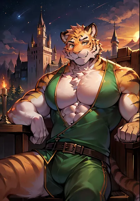 solo male, muscular body, massive pecs, ripped body, bulging pecs, saggy pecs, round pecs, huge pecs, tiger knight, standing under the stars, fantasy background with castle in the distance, facing viewer, head tilted to the side, beautiful sunset sky, wear...