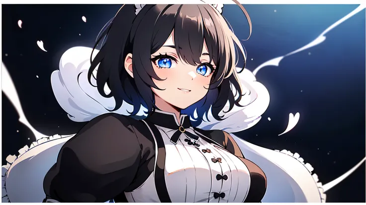 Watching the audience, One girl, Open your mouth, smile, Virtual YouTuber、With a girl、((highest quality, expensive_solve, Clear_image)),(Black Hair), (Black cat ears), (Ahoge), (((Ridiculously short hair))), (Wavy Hair), (blue eyes)、Very large breasts,Dres...