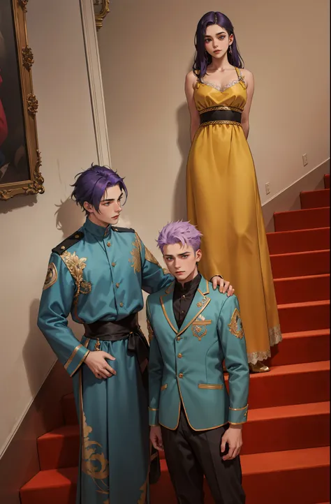 There are two men and a woman in a palace, teens with purple hair, they are 16 years old.