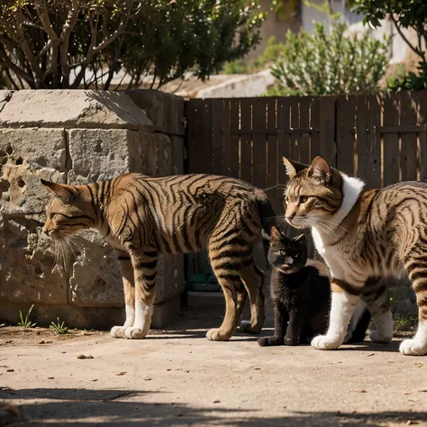 Un gato de espaldas disparando con un gato al lado en la naturaleza 