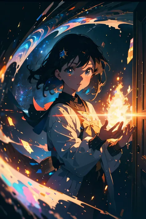 Create exquisite illustrations reminiscent of Makoto Shinkais style, It has ultra-fine details and top-notch quality. Create a high-quality illustration featuring a beautiful girl opening a door in a fantastical space, revealing a cosmic universe beyond. T...