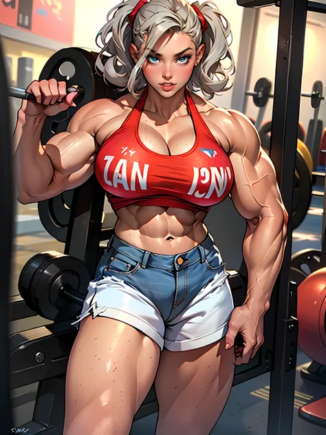 (high quality, best rendering), (beautiful girl), blue eyes, gray hair, solo woman, (bombshell, pin-up style), ((((Massive Female Bodybuilder)))), psychopath, crazy face, sexy pose, jean short shorts, tank top, pastel, centered, scale to fit dimensions, mi...