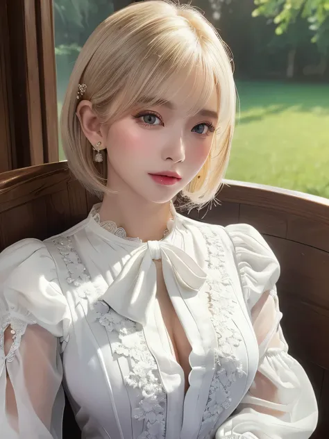 ((highest quality)),(超A high resolution),(Very detailed),(Detailed Description),((The best CG)),(masterpiece),super precision art, bob hair、((Lush bust、White and beautiful blouse、with slit:1.3)),