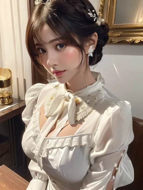 ((highest quality)),(超A high resolution),(Very detailed),(Detailed Description),((The best CG)),(masterpiece),super precision art, bob hair、((Lush bust、White and beautiful blouse、with slit:1.3)),