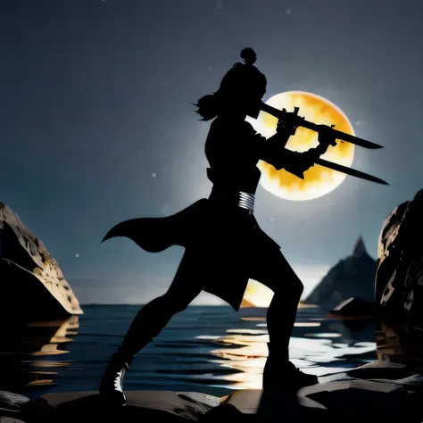 (Silhouette of heroine dancing sword:1.5),Glowing sword,(Fighting posture，strong dyna pose:1.4),on  the lake，high contrast, movie lighting, Enigmatic Atmosphere,，lotus flower，Lotus leaf，corrugation，(splash of water;1.4)，a moon，dyna，swordsman，Kungfu, very h...