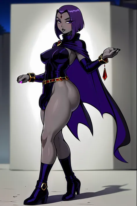 (solo:1.1),(masterpiece), (best quality:1.3), ultra detailed, intricate, professional art, digital art, absurdres, shadraven, (Full body view:1.1), 1girl, solo, (grey skin:1.4), dark purple hair, bob hair, purple eyes, hips wider than shoulders, pear shape...