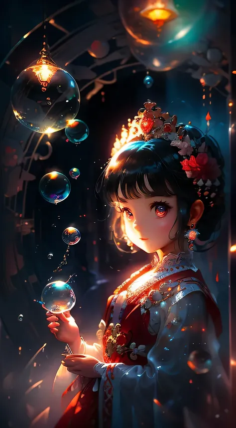 Picture a , enveloped within a collection of soap bubbles, each one as if imbued with the magic of a fantasama. The bubbles dance around her, their surfaces illuminated with intricate games of light that shimmer and shift with every breath she takes. The c...