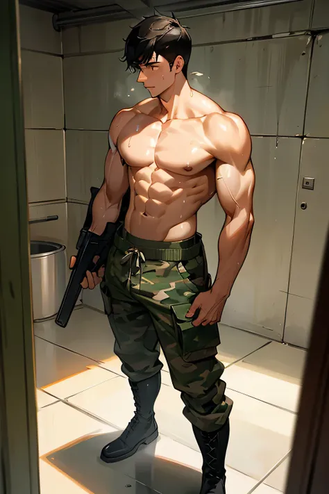 shirtless, handsome, super muscular, short black hair, caucasian male soldier in camouflage pants and boots, sweat-drenched, soaking wet, drenched with sweat, sweating profusely, soaking wet with sweat, shirtless, standing, in the military camp